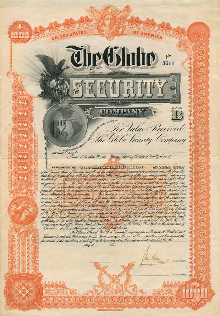 Globe Security Co. - 1900's dated $1,000 6% Partially Issued Gold Bond